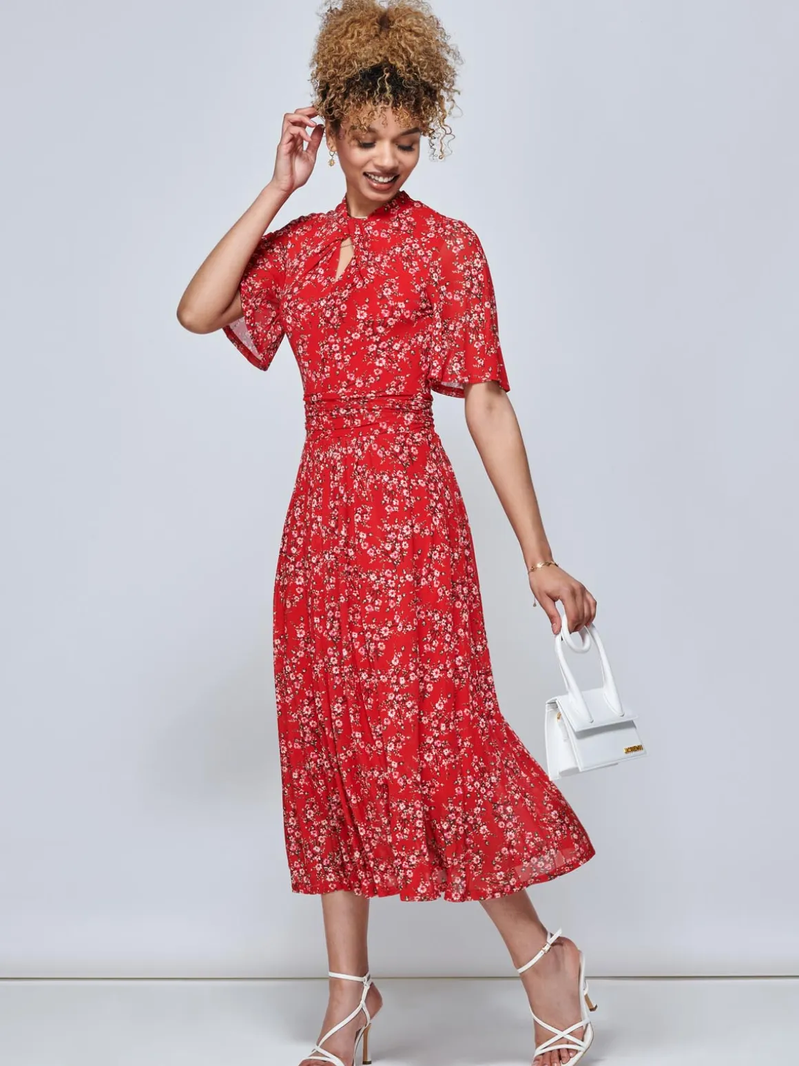 Jolie Moi Carina Key Hole Mesh Midi Dress, Red Floral