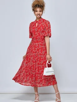 Jolie Moi Carina Key Hole Mesh Midi Dress, Red Floral