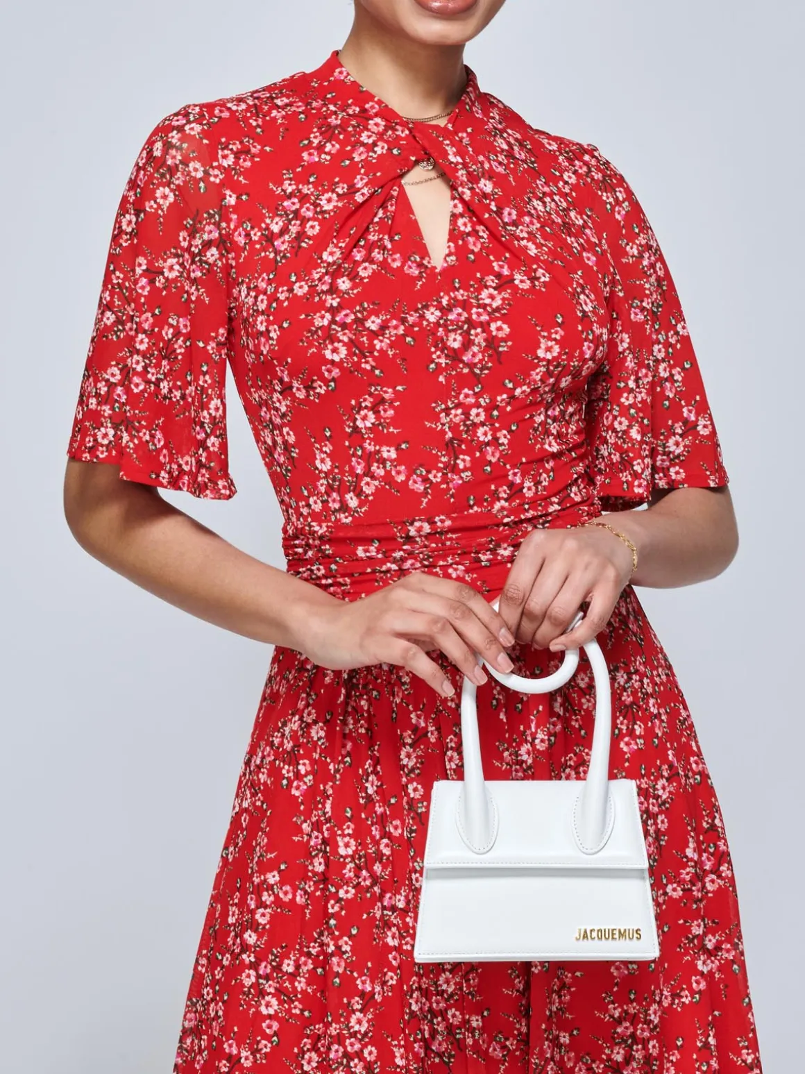 Jolie Moi Carina Key Hole Mesh Midi Dress, Red Floral
