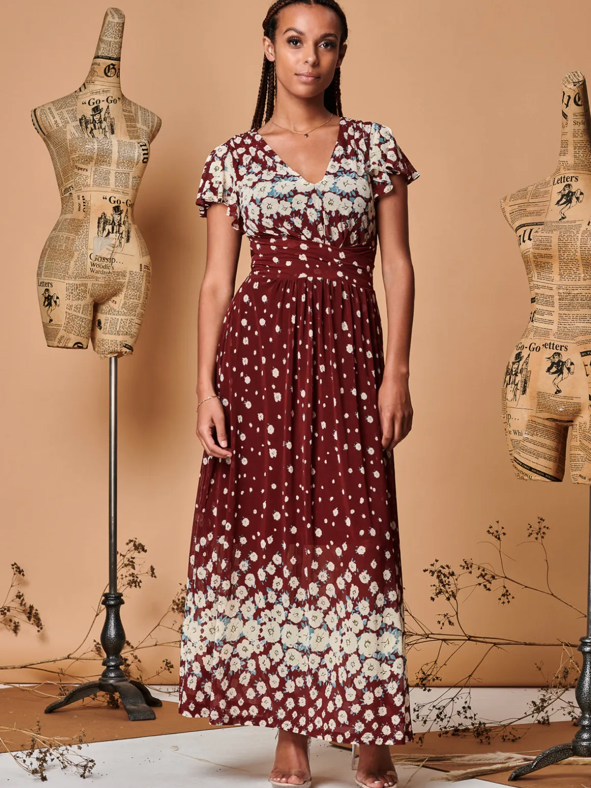 Jolie Moi Carlii Floral Print Maxi Dress, Burgundy