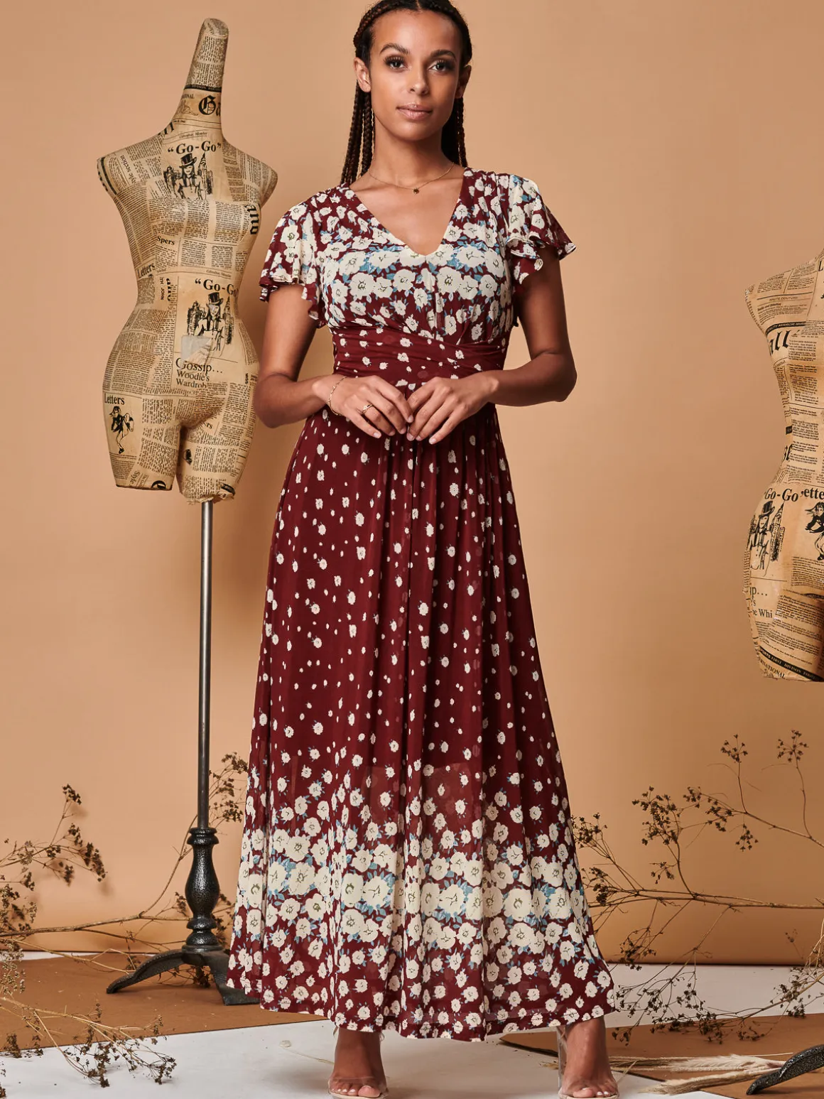 Jolie Moi Carlii Floral Print Maxi Dress, Burgundy