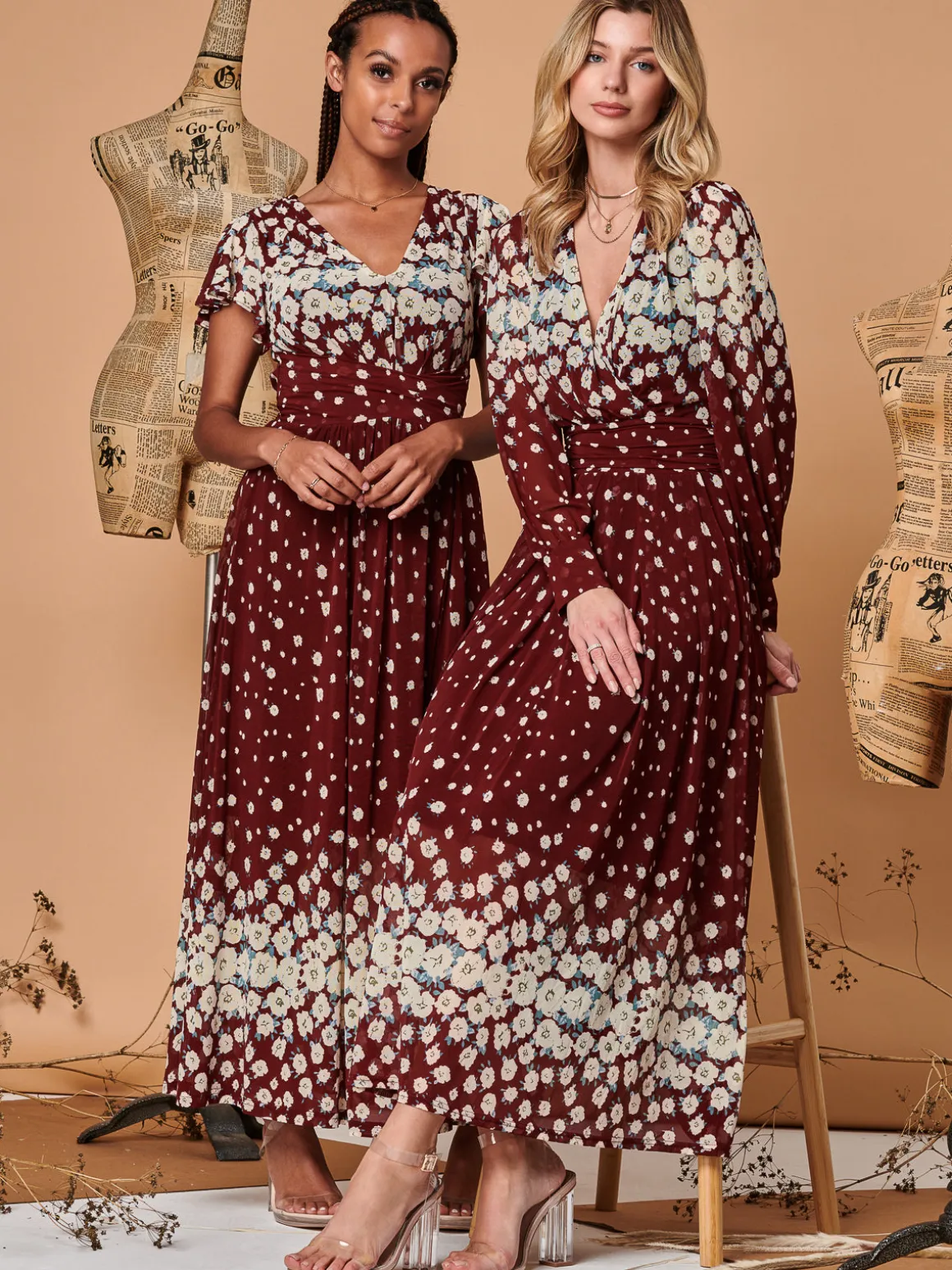 Jolie Moi Carlii Floral Print Maxi Dress, Burgundy
