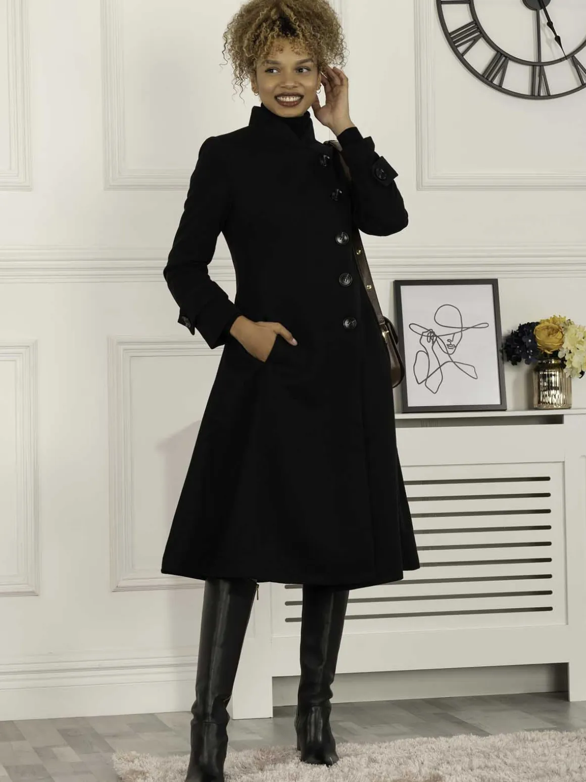Jolie Moi Caroline Asymmetric Button Coat, Black