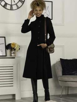 Jolie Moi Caroline Asymmetric Button Coat, Black