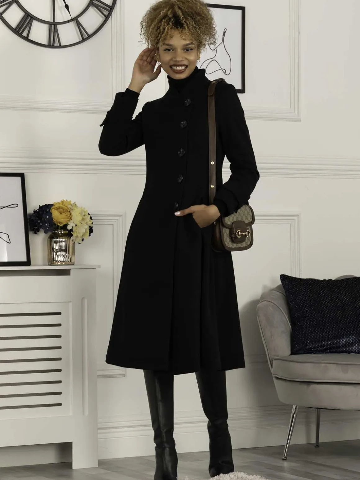 Jolie Moi Caroline Asymmetric Button Coat, Black