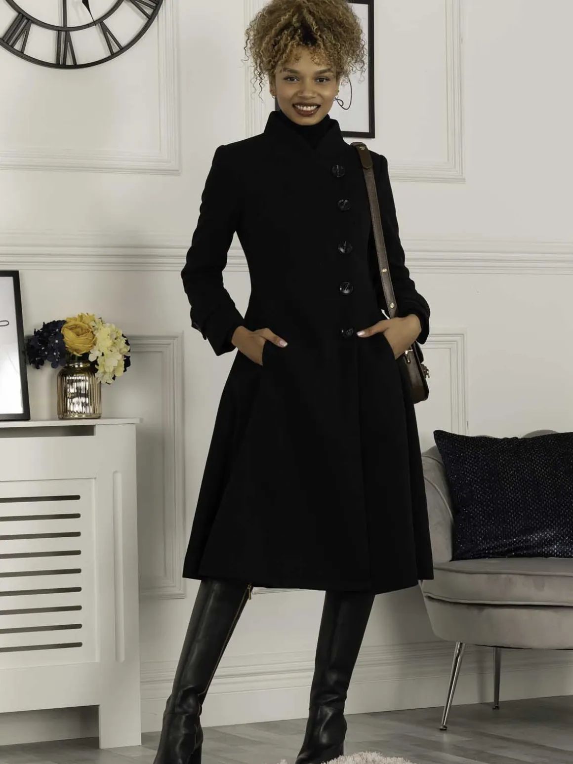 Jolie Moi Caroline Asymmetric Button Coat, Black