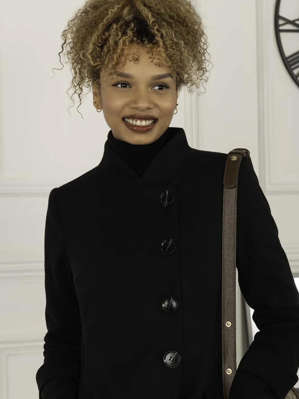 Jolie Moi Caroline Asymmetric Button Coat, Black