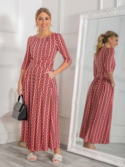 Jolie Moi Cierra 3/4 Sleeve Maxi Dress, Coral Pink