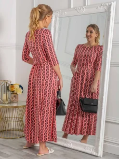 Jolie Moi Cierra 3/4 Sleeve Maxi Dress, Coral Pink