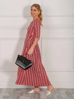 Jolie Moi Cierra 3/4 Sleeve Maxi Dress, Coral Pink
