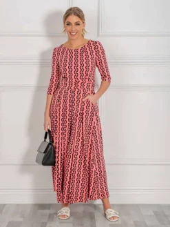 Jolie Moi Cierra 3/4 Sleeve Maxi Dress, Coral Pink