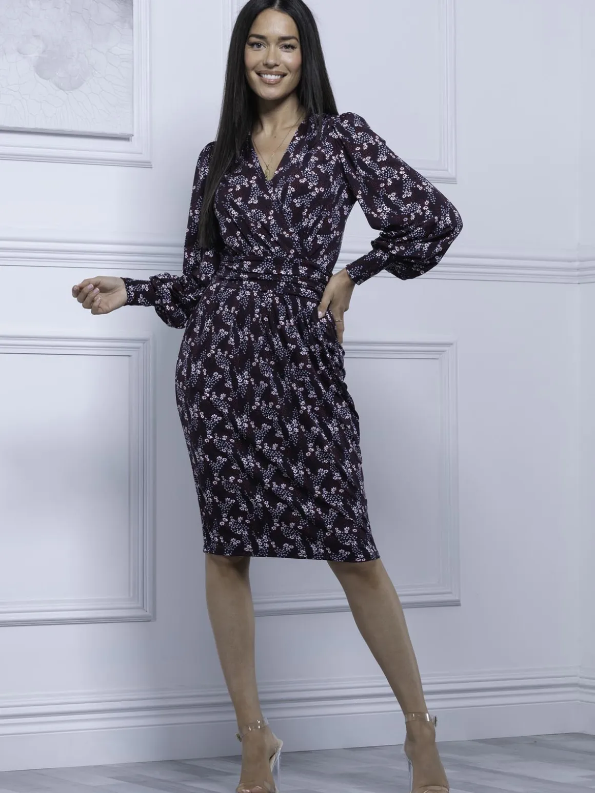 Jolie Moi Danielle Long Sleeve Dress, Navy Floral