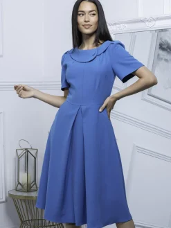Jolie Moi Debora Button Neck Dress, Blue