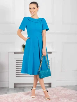 Jolie Moi Debora Button Neck Dress, Blue