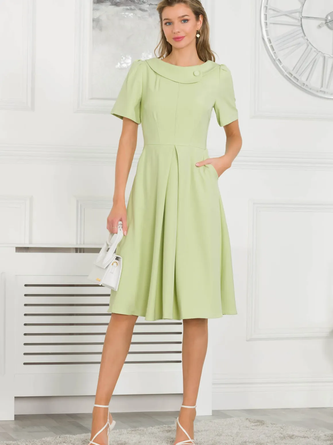 Jolie Moi Debora Button Neck Dress, Citrus Green