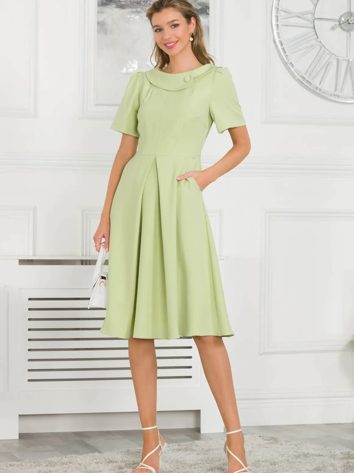 Jolie Moi Debora Button Neck Dress, Citrus Green