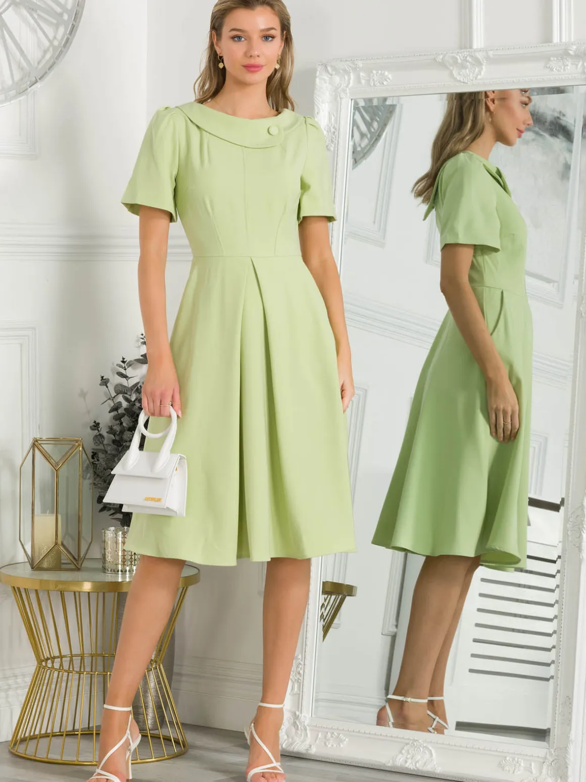 Jolie Moi Debora Button Neck Dress, Citrus Green
