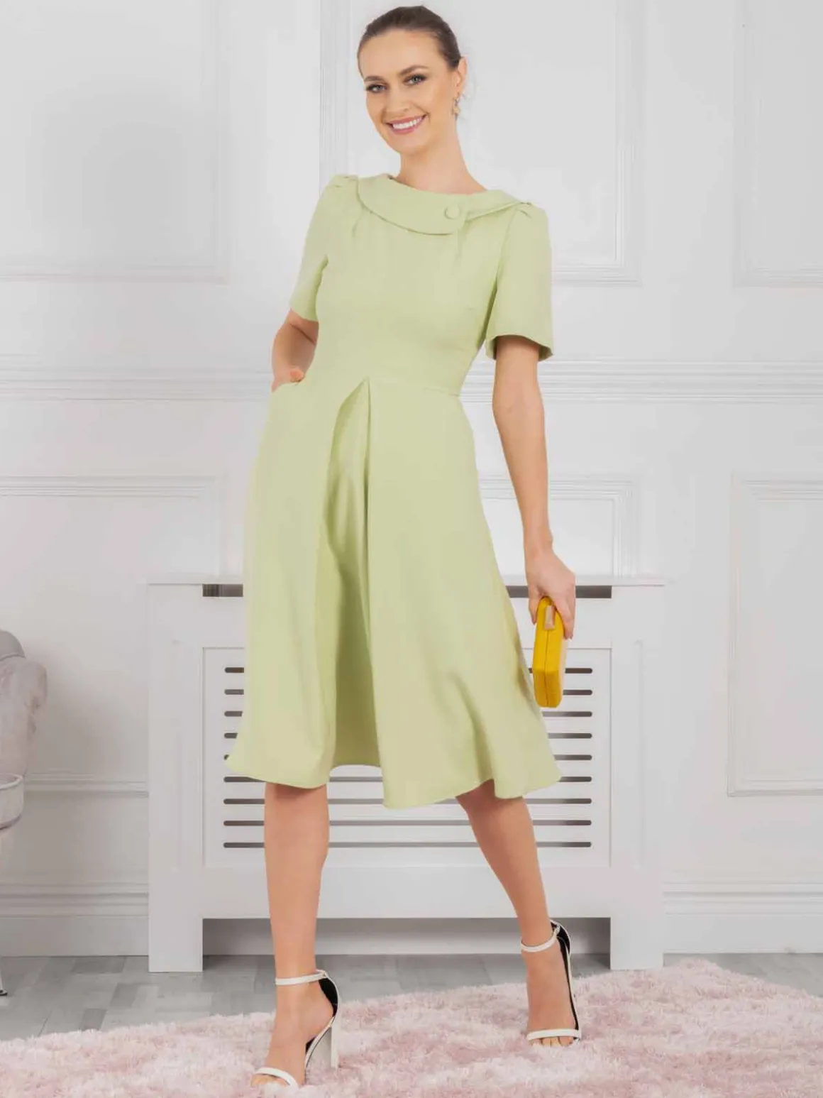 Jolie Moi Debora Button Neck Dress, Citrus Green
