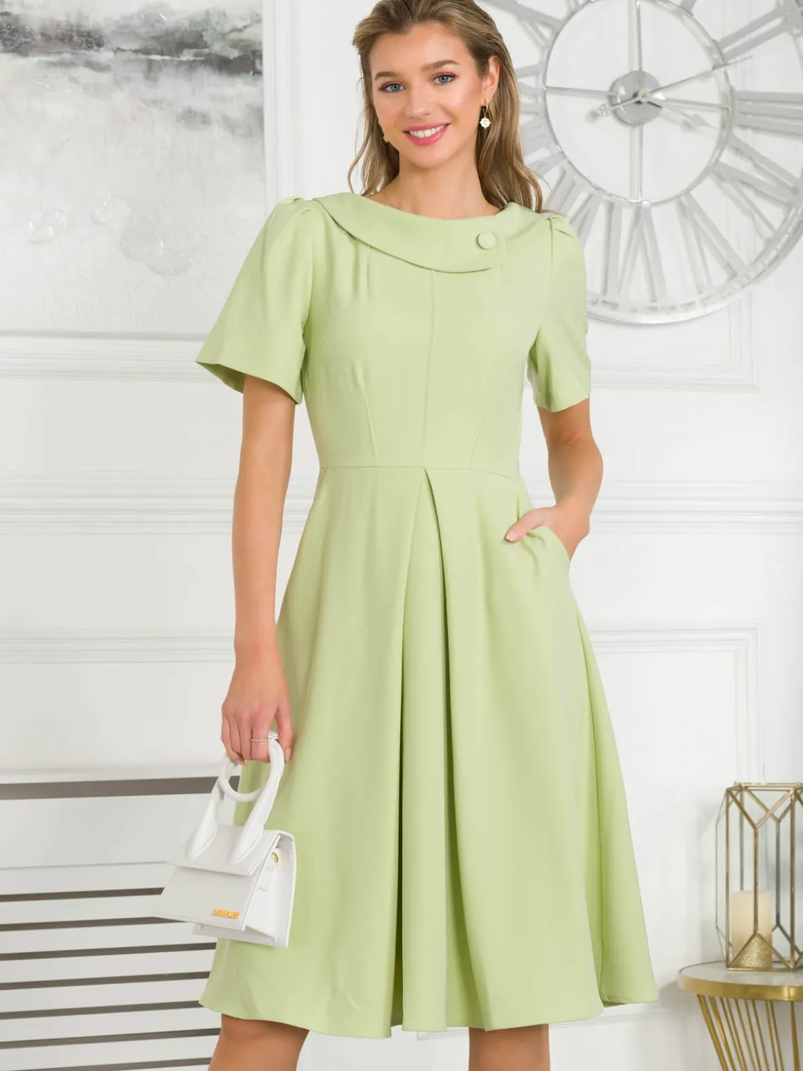 Jolie Moi Debora Button Neck Dress, Citrus Green