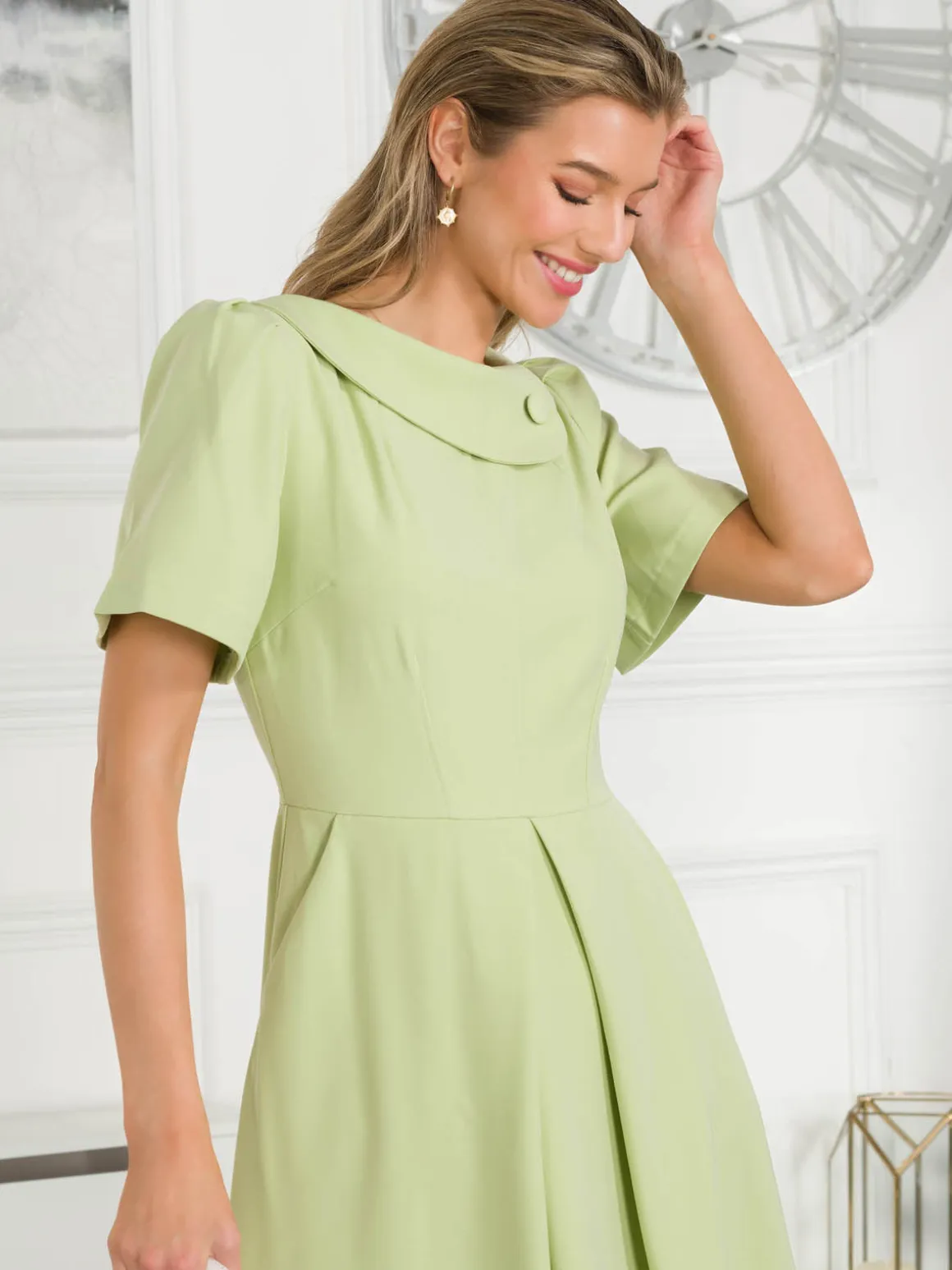 Jolie Moi Debora Button Neck Dress, Citrus Green