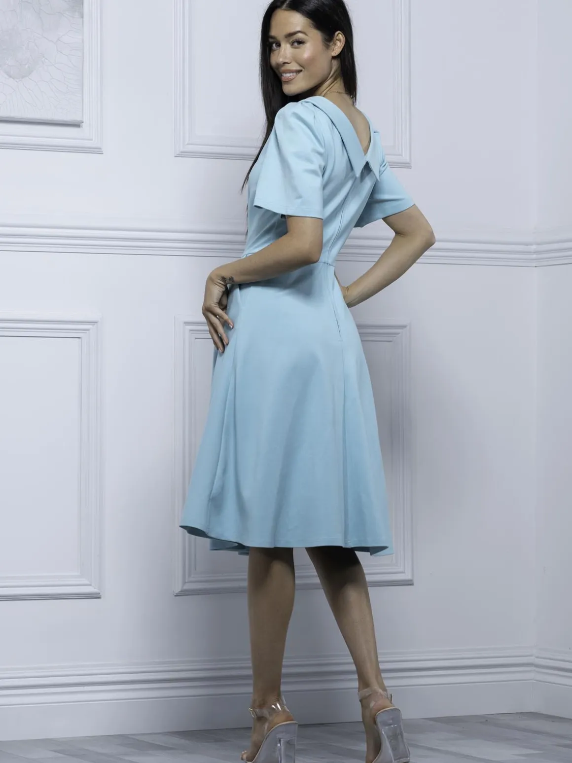 Jolie Moi Debora Button Neck Dress, Light Green