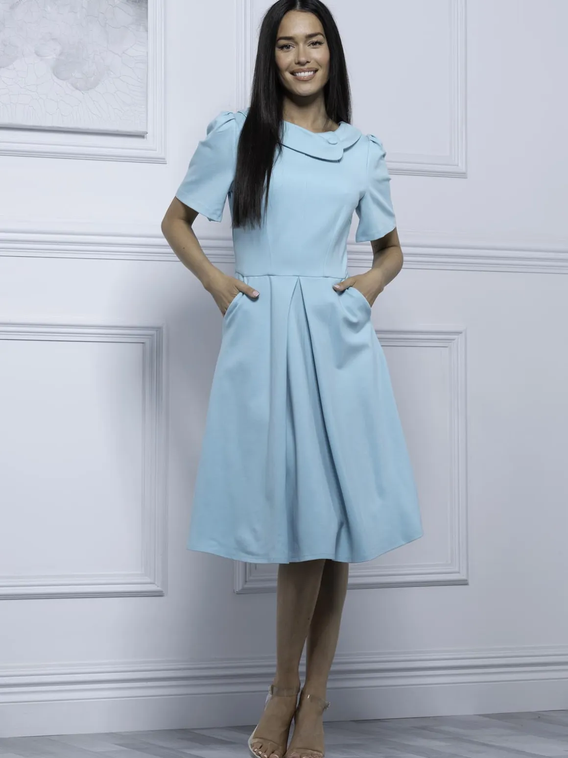 Jolie Moi Debora Button Neck Dress, Light Green