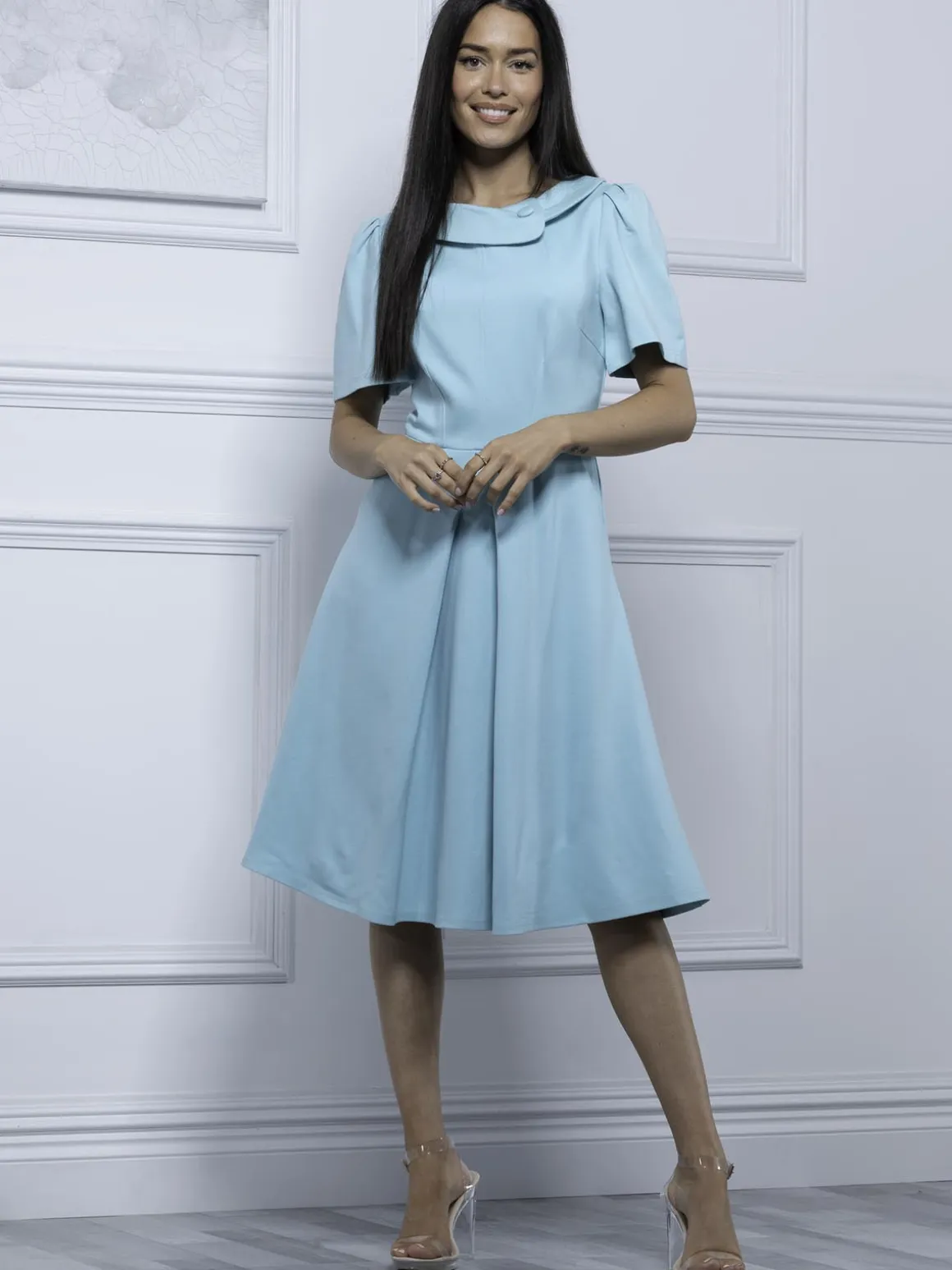 Jolie Moi Debora Button Neck Dress, Light Green