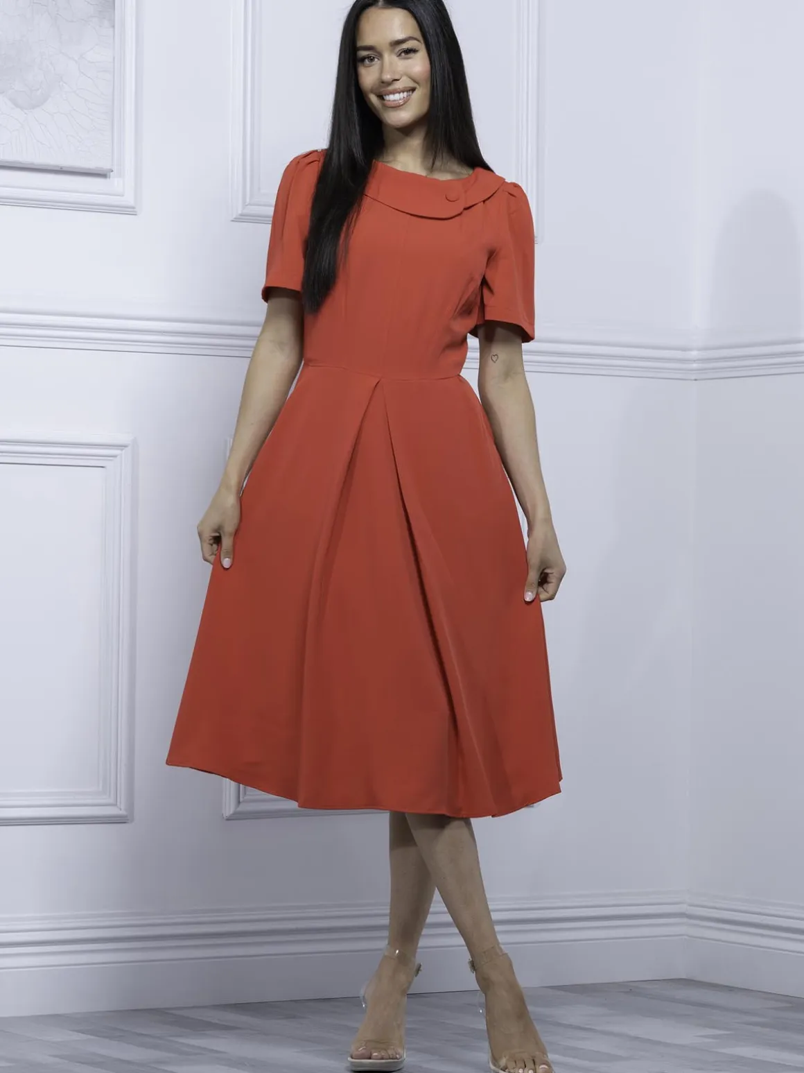 Jolie Moi Debora Button Neck Dress, Red