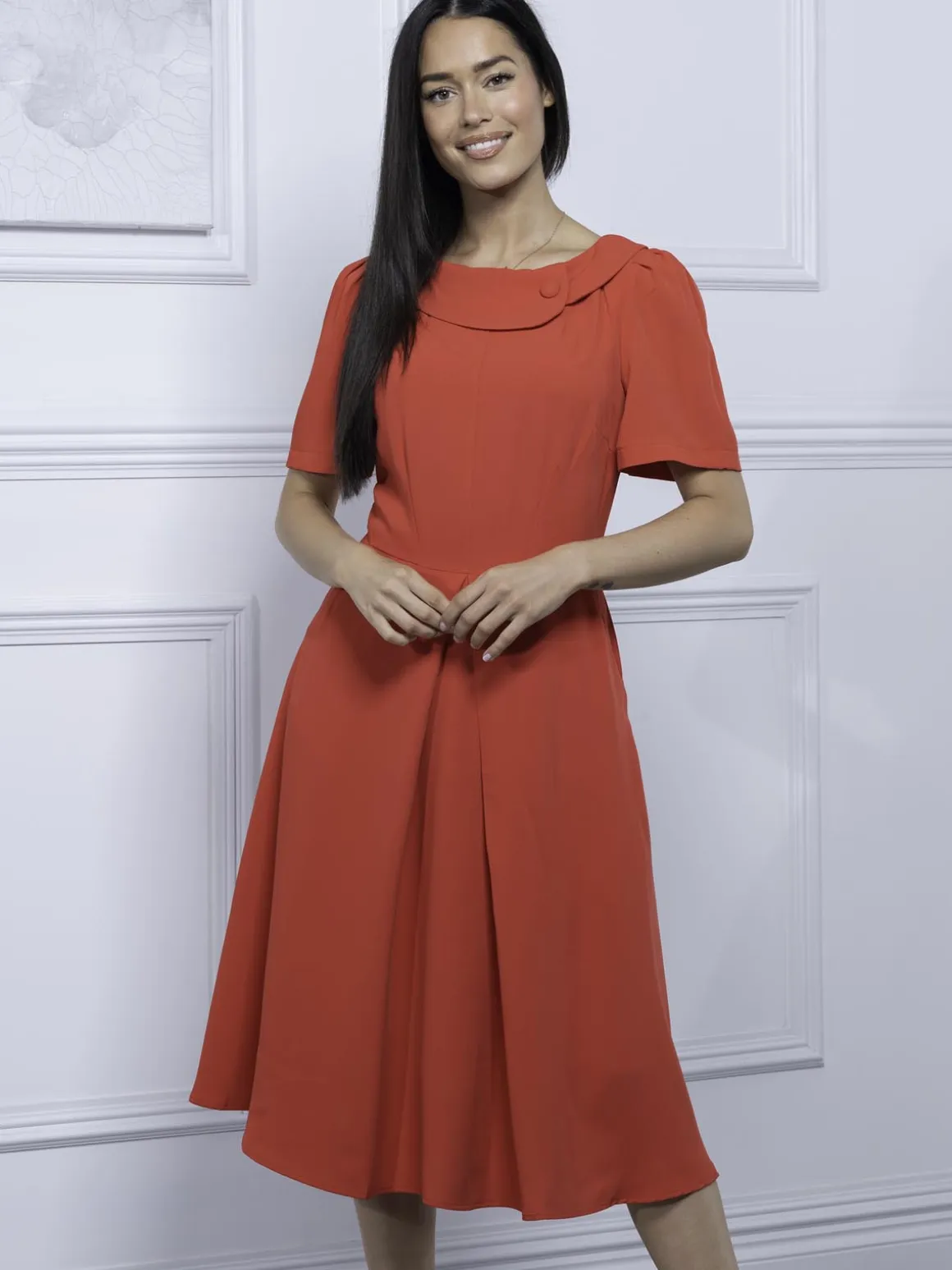 Jolie Moi Debora Button Neck Dress, Red