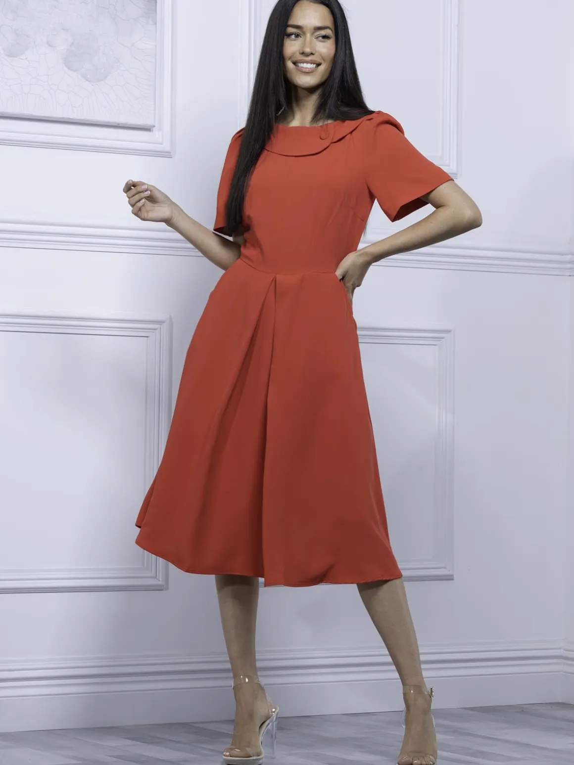 Jolie Moi Debora Button Neck Dress, Red