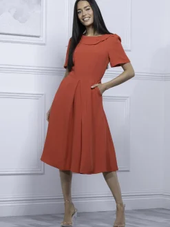 Jolie Moi Debora Button Neck Dress, Red