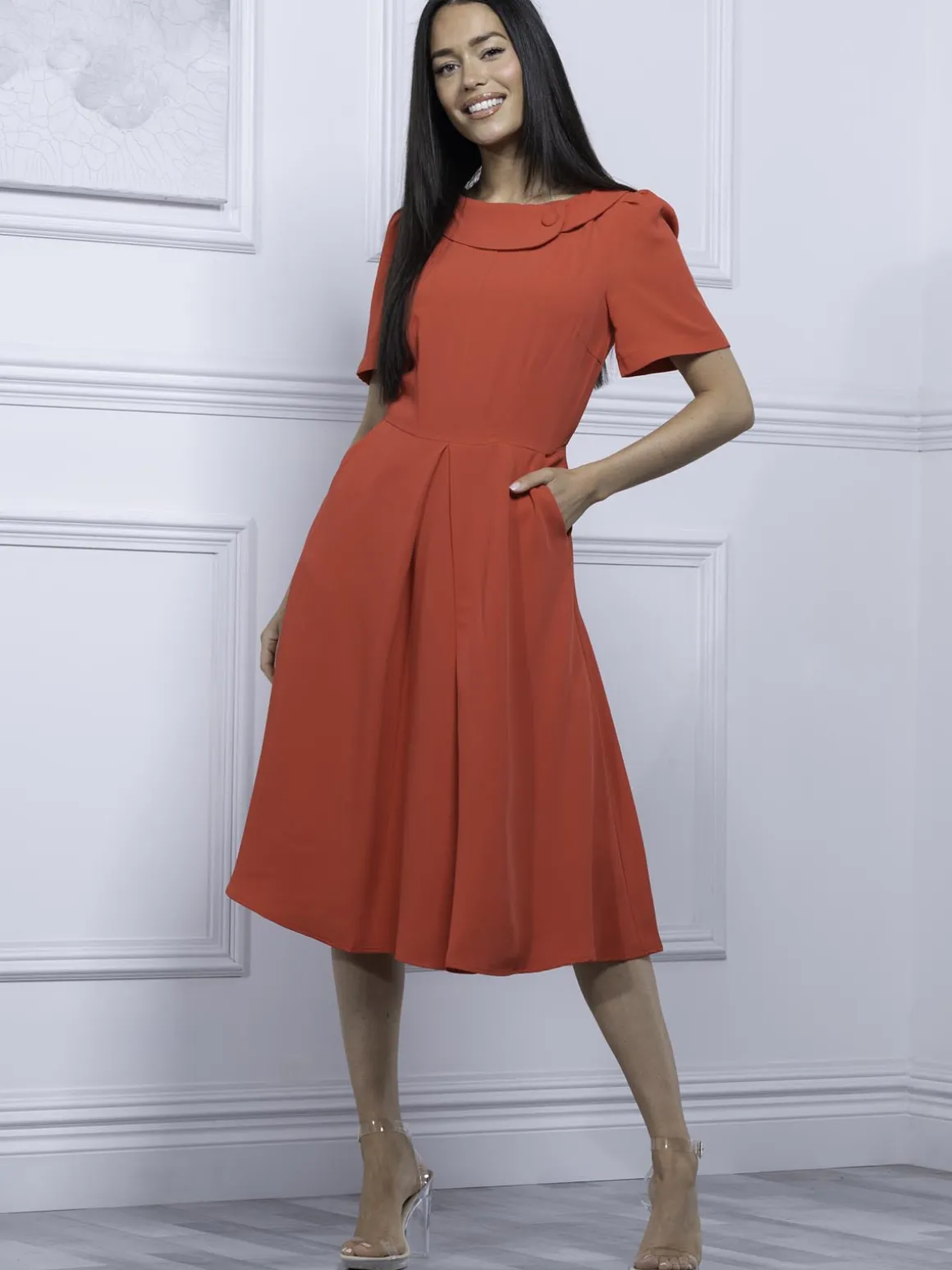 Jolie Moi Debora Button Neck Dress, Red