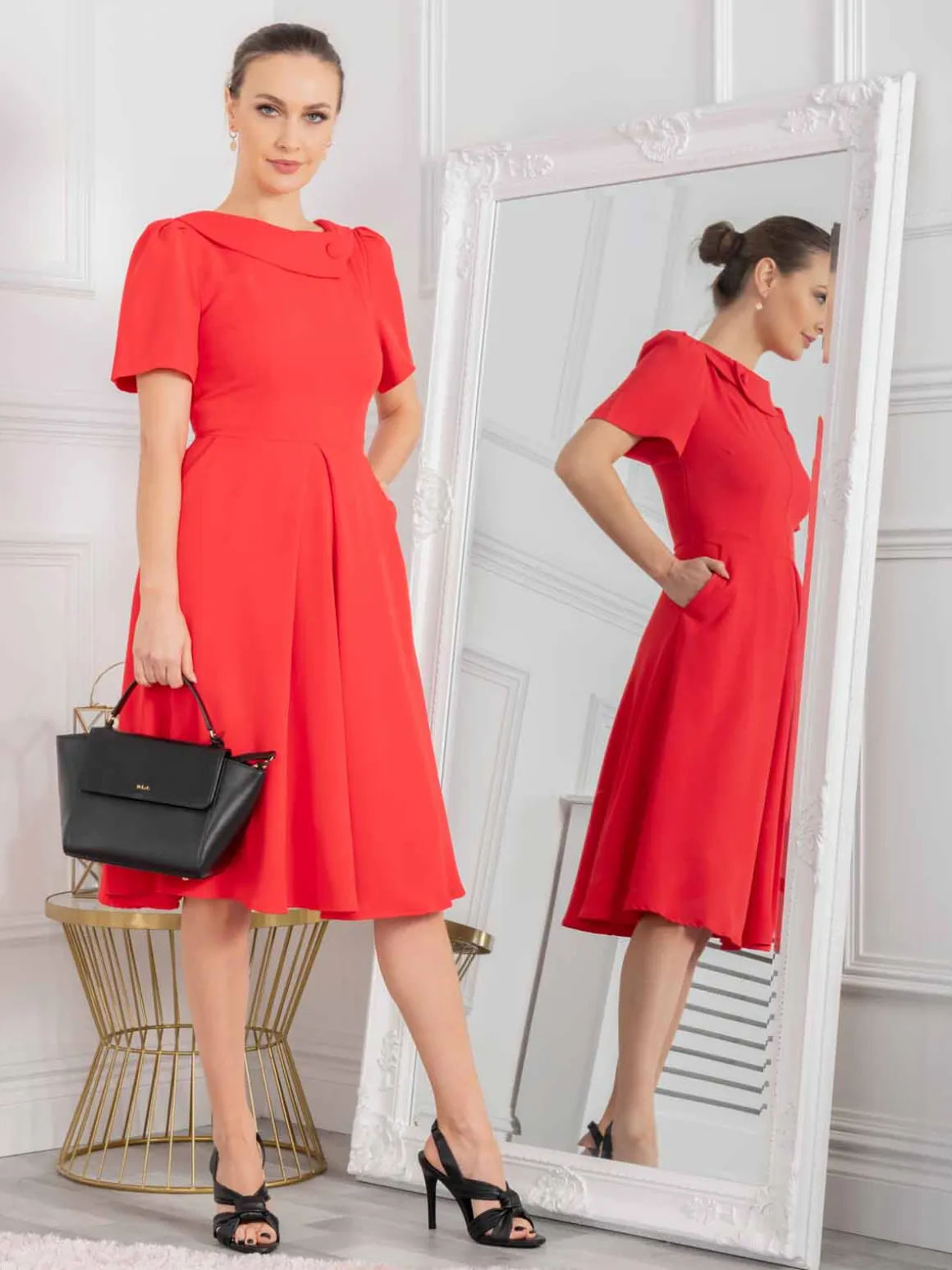 Jolie Moi Debora Button Neck Dress, Red