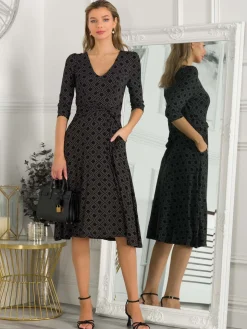 Jolie Moi Delylah V Neck Midi Dress, Black Geo