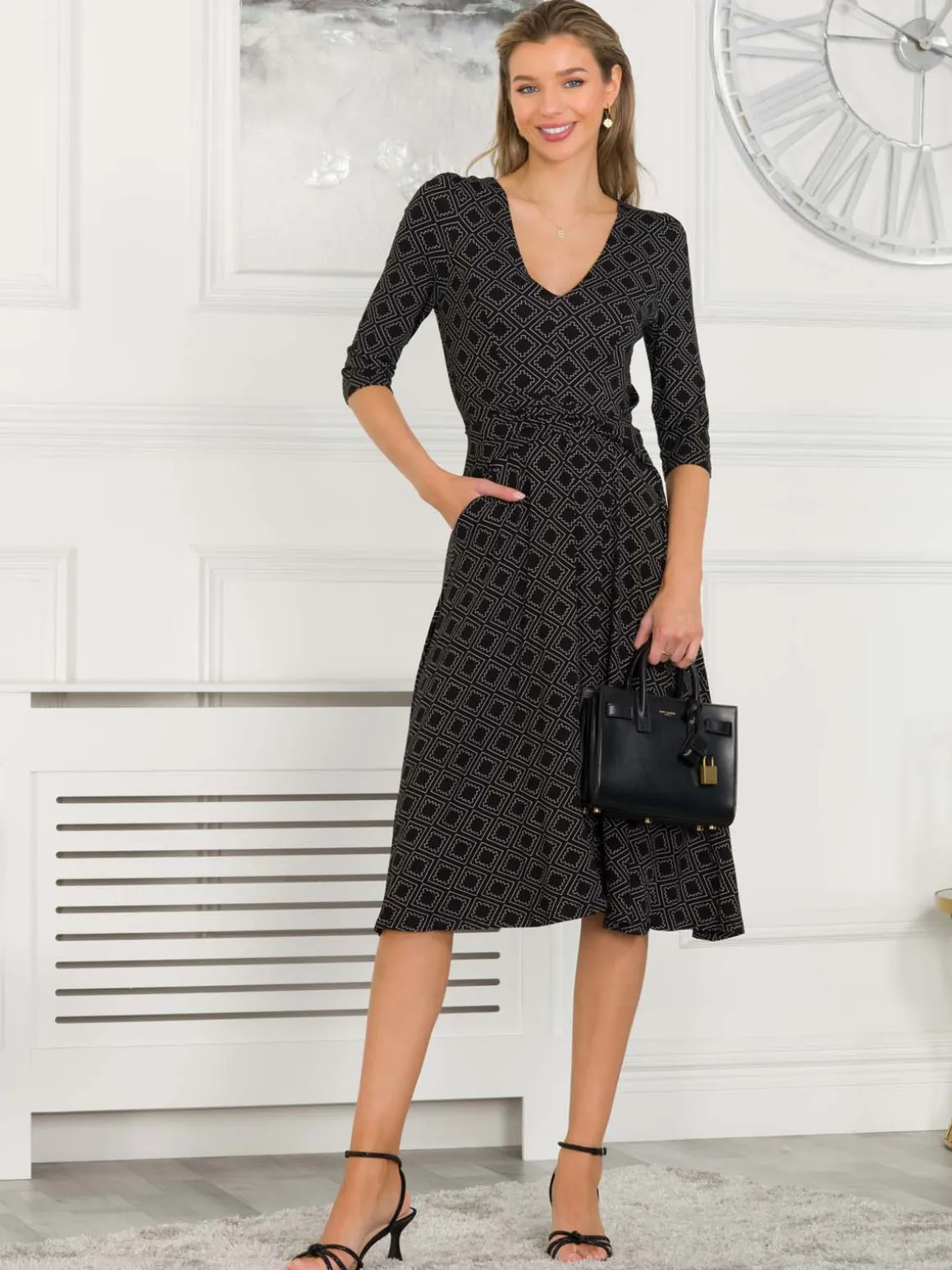 Jolie Moi Delylah V Neck Midi Dress, Black Geo