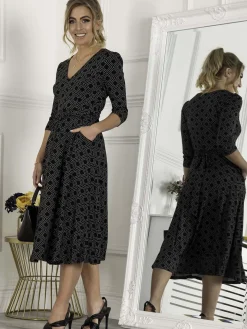 Jolie Moi Delylah V Neck Midi Dress, Black Geo