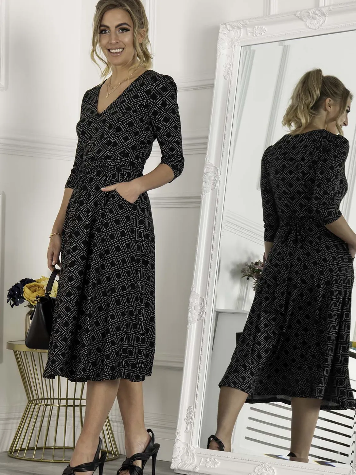 Jolie Moi Delylah V Neck Midi Dress, Black Geo