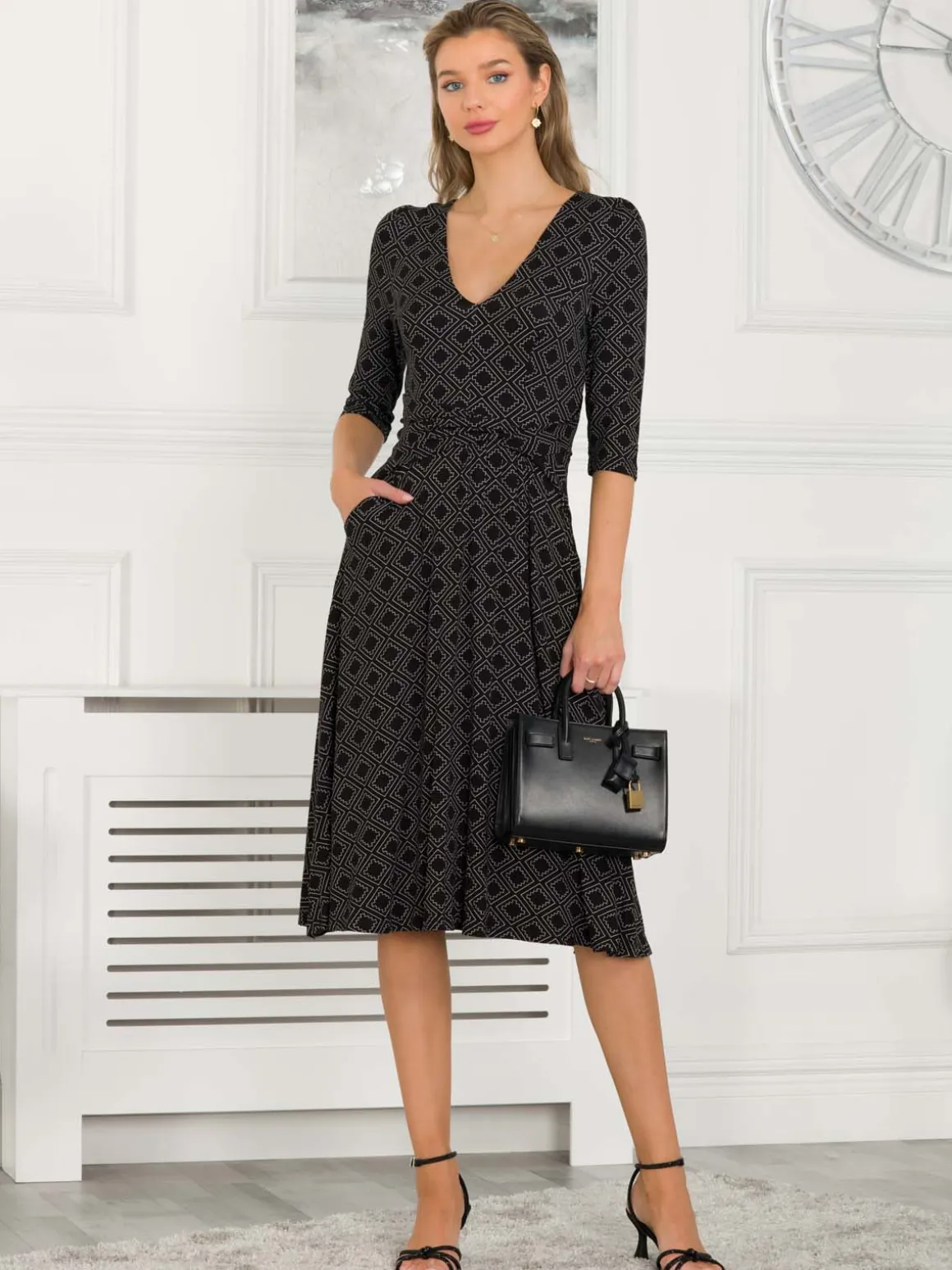 Jolie Moi Delylah V Neck Midi Dress, Black Geo