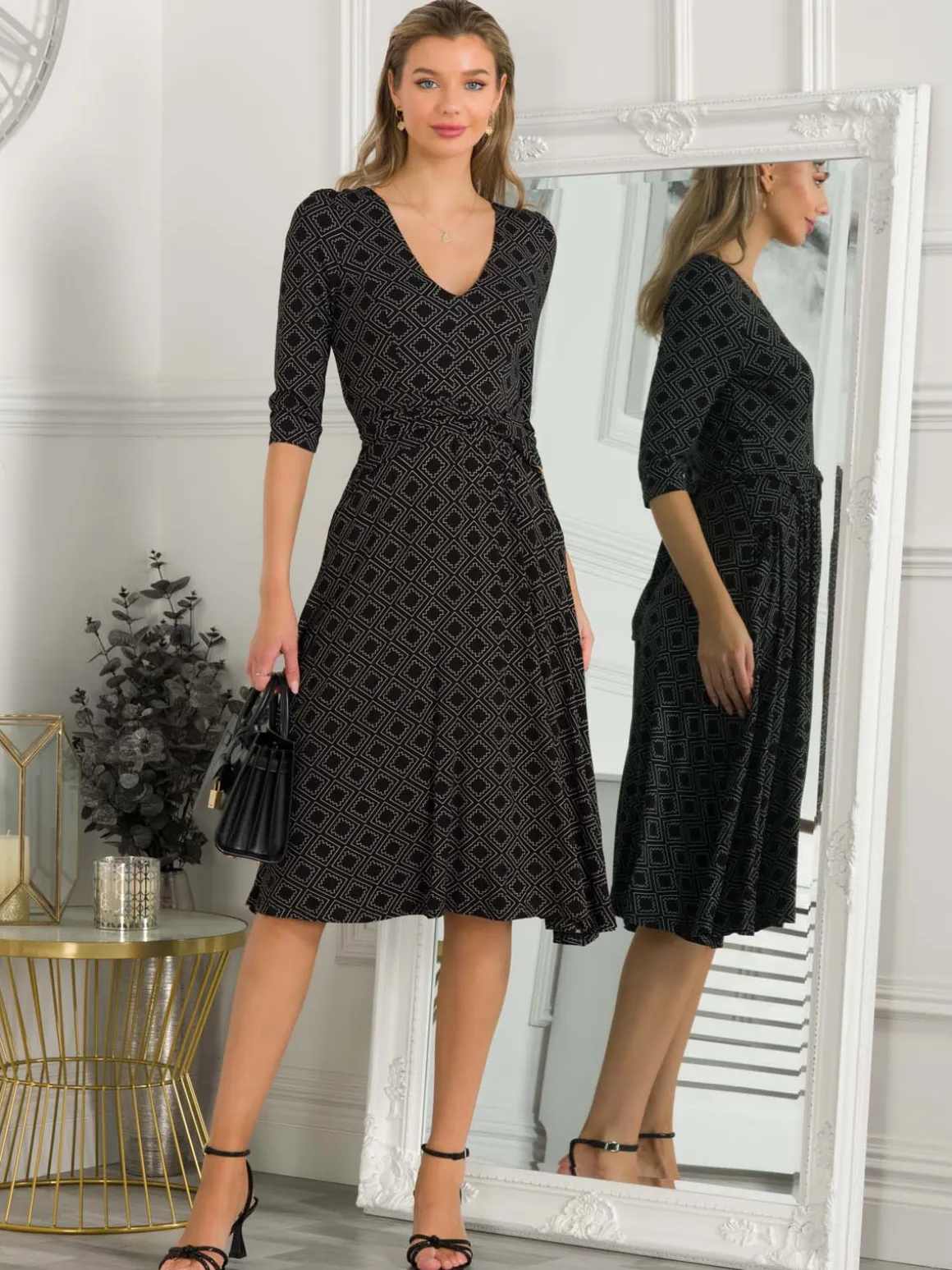 Jolie Moi Delylah V Neck Midi Dress, Black Geo