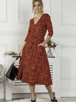 Jolie Moi Delylah V Neck Midi Dress, Red Animal