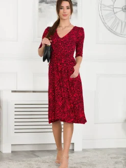 Jolie Moi Delylah V Neck Midi Dress, Red Animal