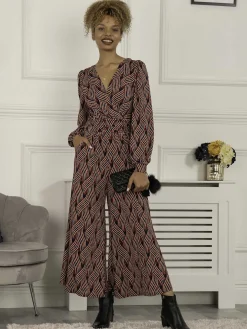Jolie Moi Devora Long Sleeve Jumpsuit, Red Multi