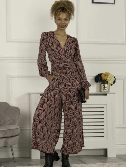 Jolie Moi Devora Long Sleeve Jumpsuit, Red Multi