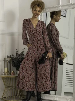 Jolie Moi Devora Long Sleeve Jumpsuit, Red Multi