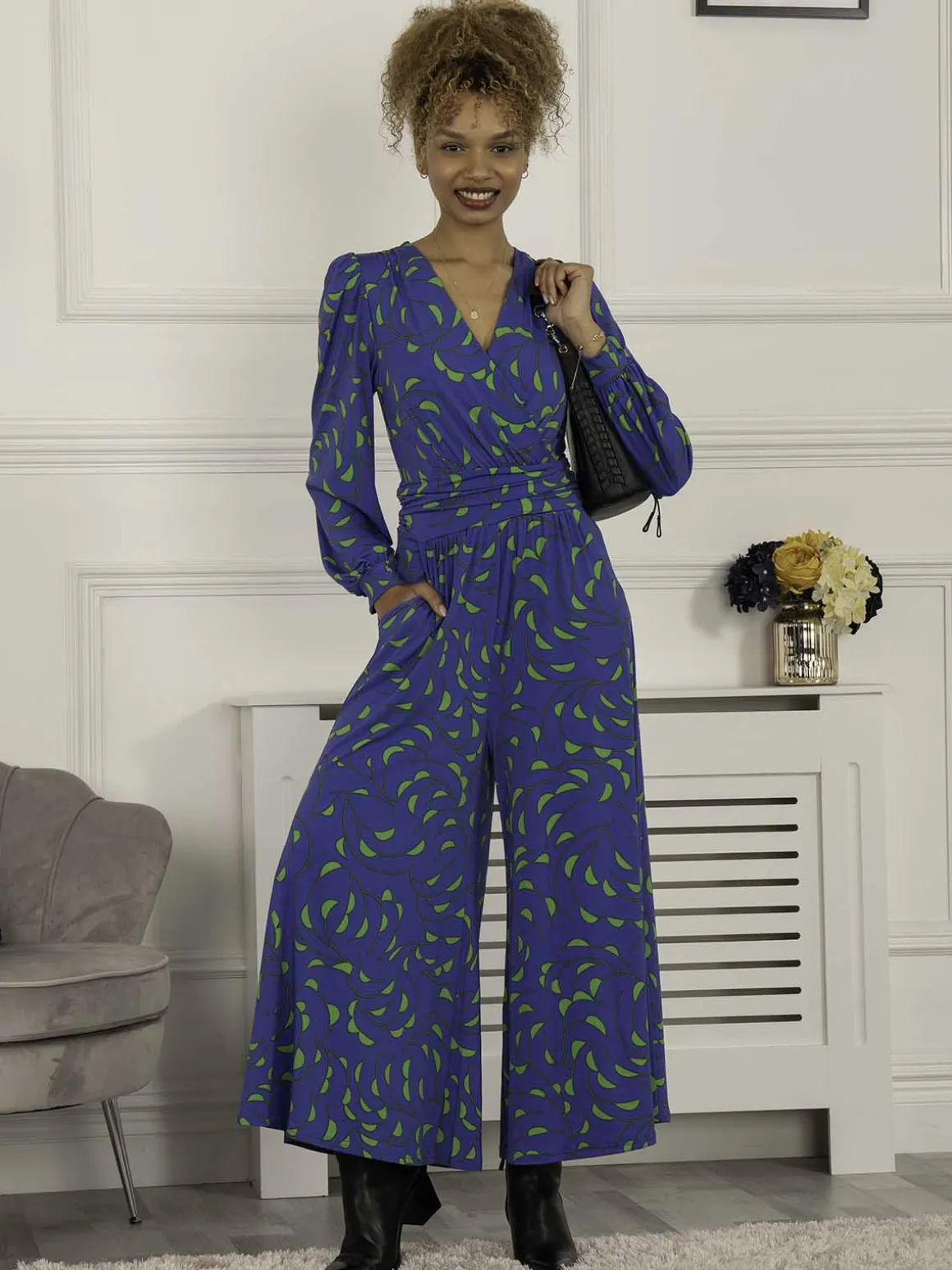 Jolie Moi Devora Long Sleeve Jumpsuit, Royal Multi