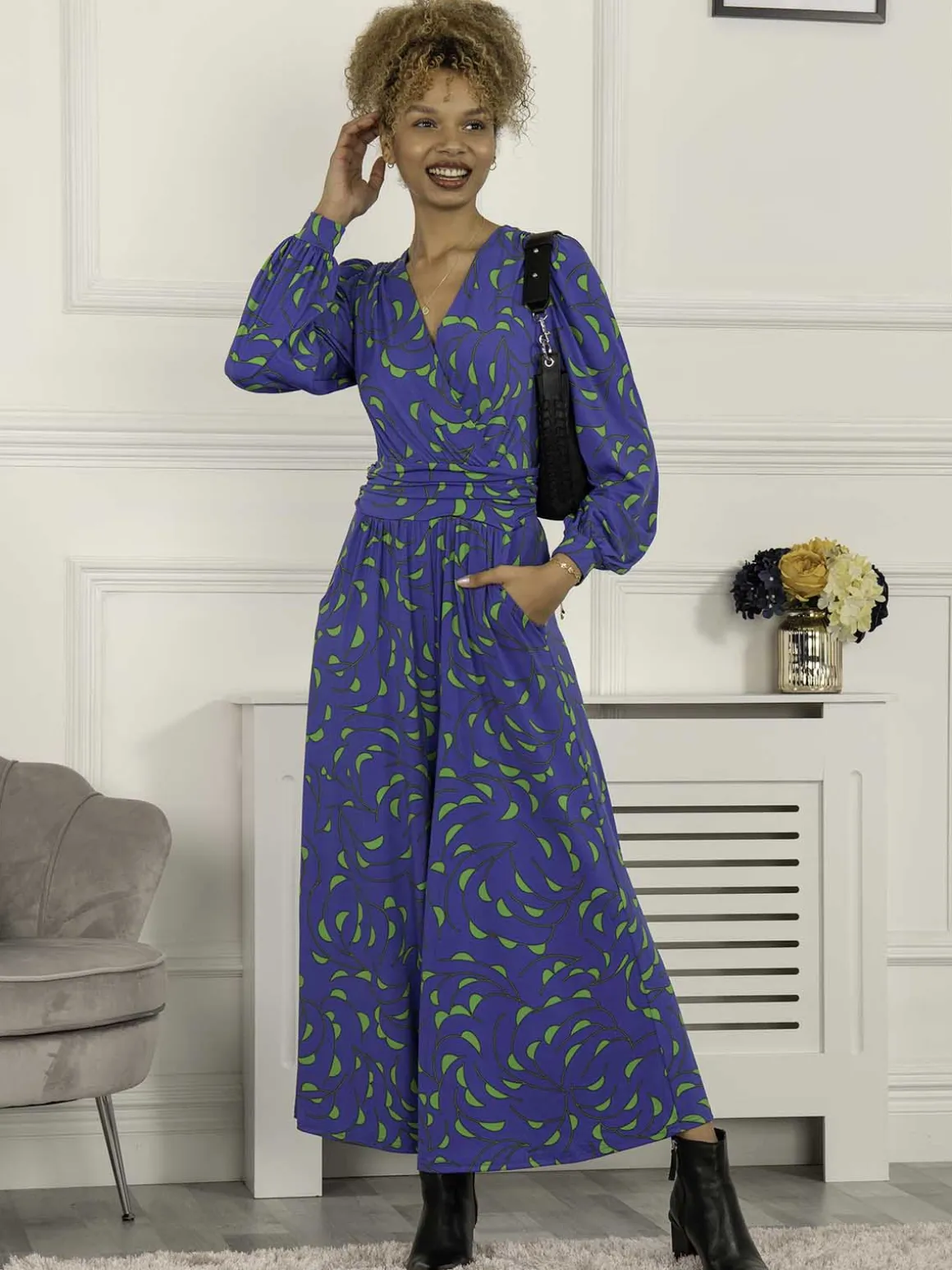 Jolie Moi Devora Long Sleeve Jumpsuit, Royal Multi