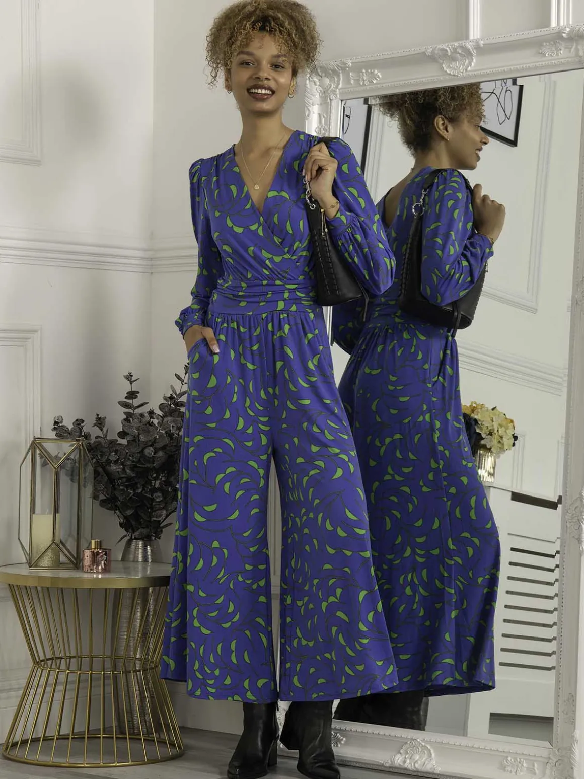 Jolie Moi Devora Long Sleeve Jumpsuit, Royal Multi