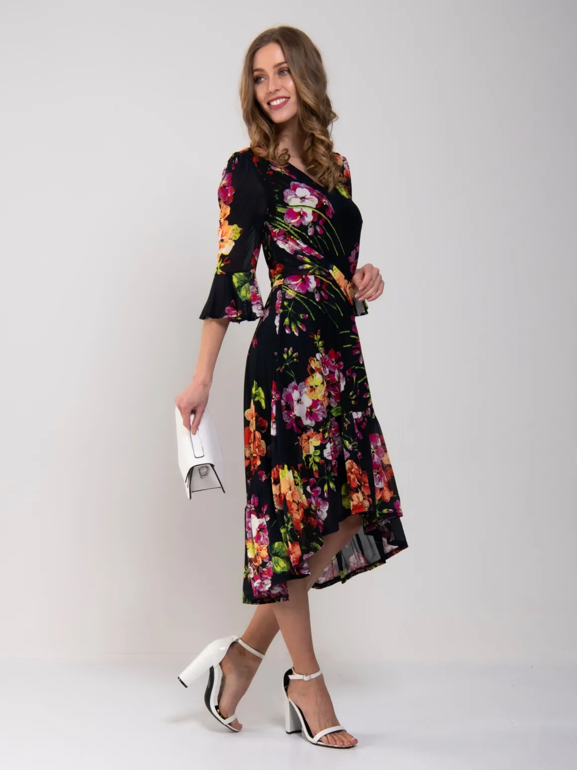 Jolie Moi Dipped Hem Mesh Midi Dress, Navy Floral