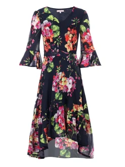 Jolie Moi Dipped Hem Mesh Midi Dress, Navy Floral