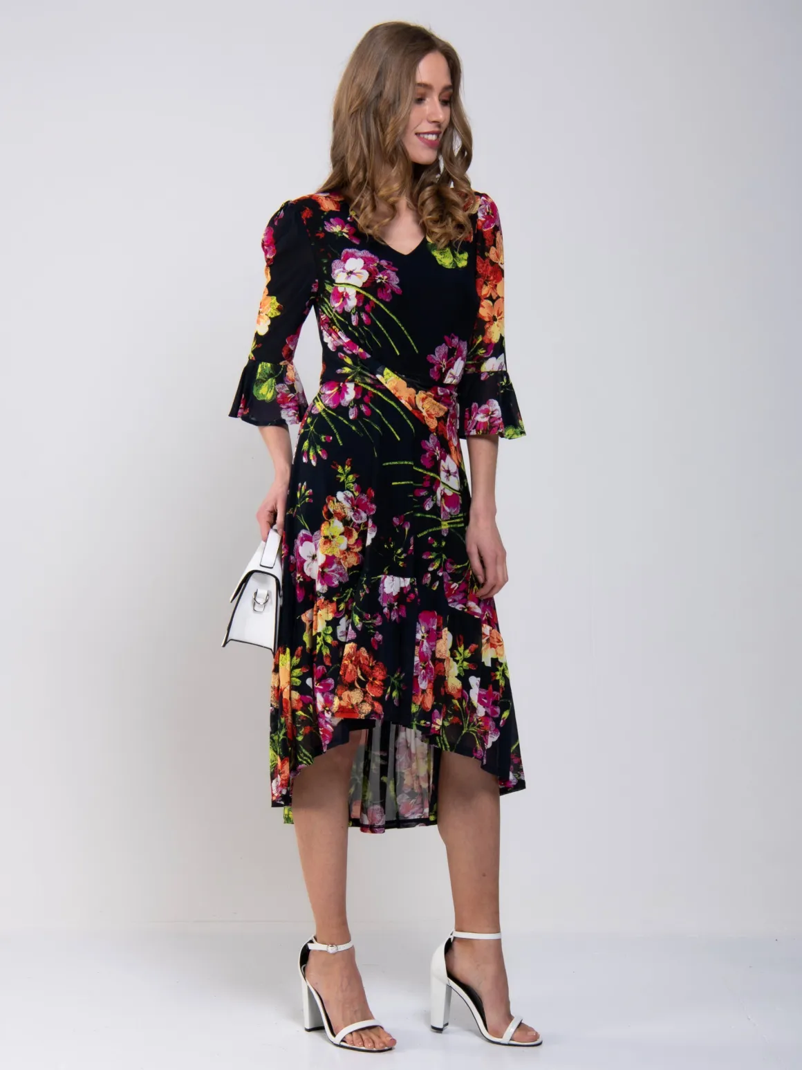 Jolie Moi Dipped Hem Mesh Midi Dress, Navy Floral